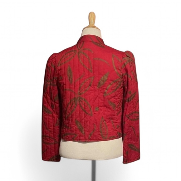 Vintage Eber Quilted Cropped Jacket Red Leaf Print Puff Sleeve Y2K Indie Size L - Picture 2 of 7